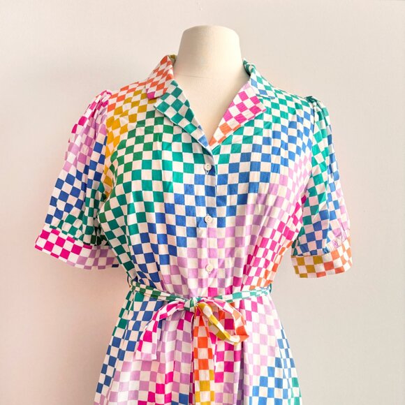 Sugarhill Brighton rainbow checkerboard Penelope Midi Shirt Dress US 10 NWT - Picture 2 of 6